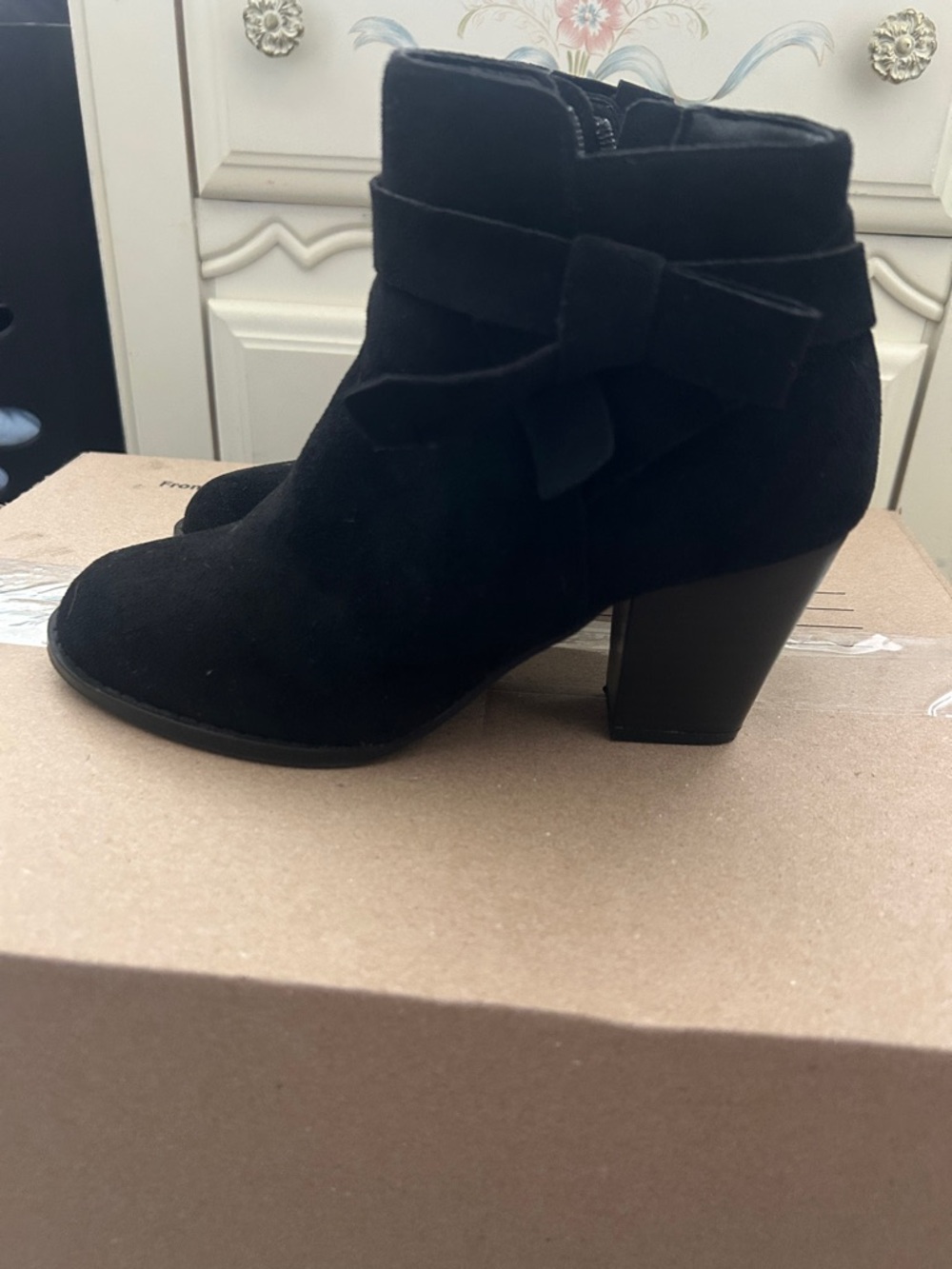 Classic Black Suede Ankle Booties with Bow Accent